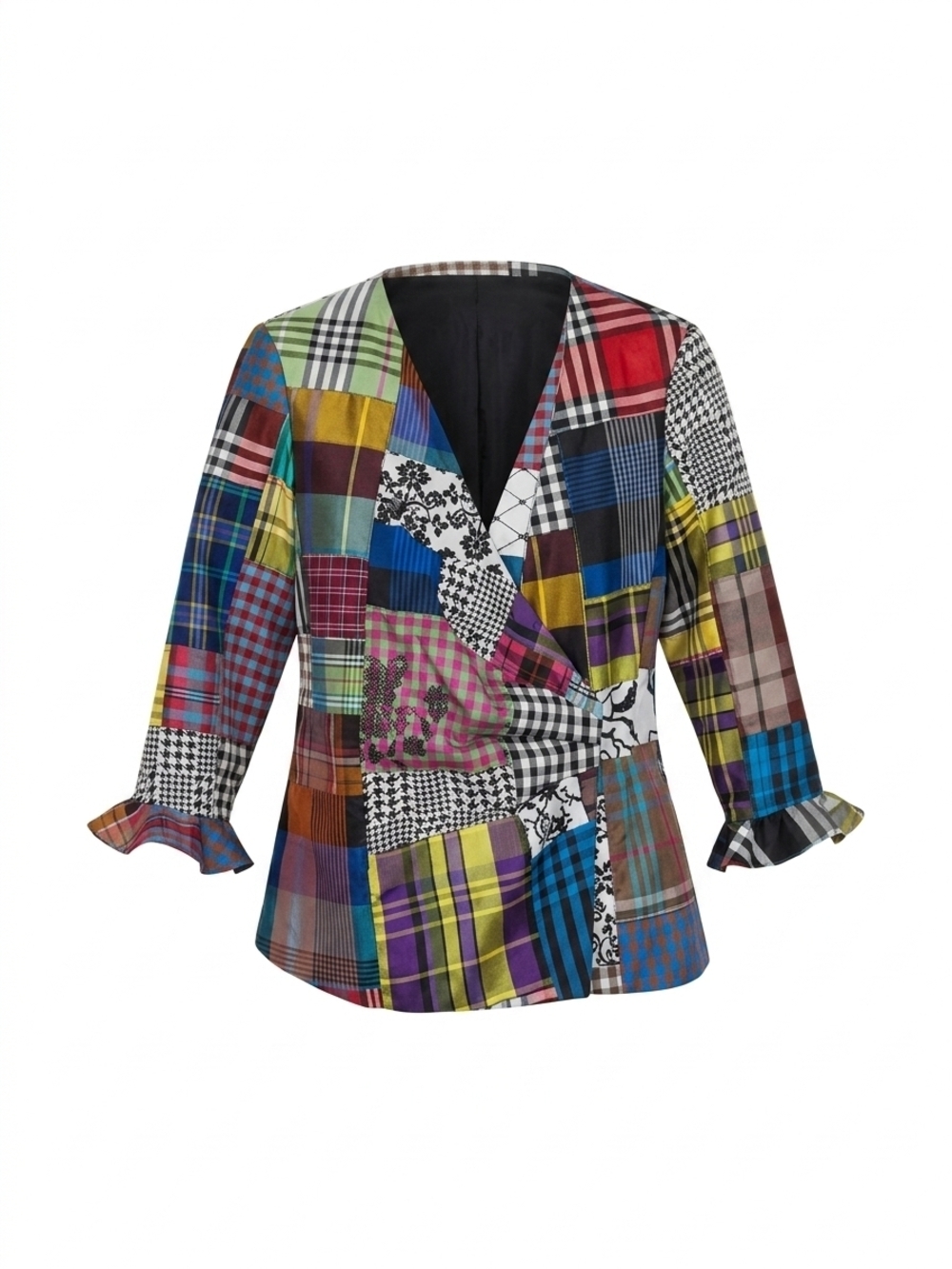 Marisa Baratelli Multicolor Silk Patchwork Plaid Blazer Jacket Size 16